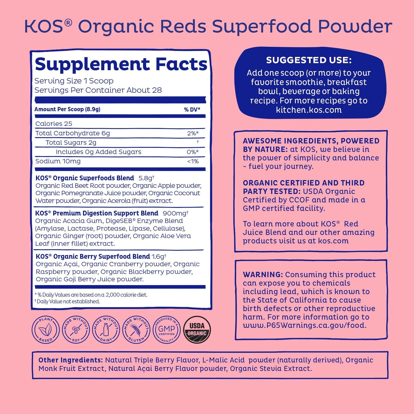 KOS Reds Superfood Powder for Antioxidants - USDA Certified Organic Beet Root, Goji Berries, Acai, Pomegranate, Coconut Water & Digestion Enzymes- Goji Berry Popsicle Flavor Juice Mix - 28 Servings - dailyvitalstore