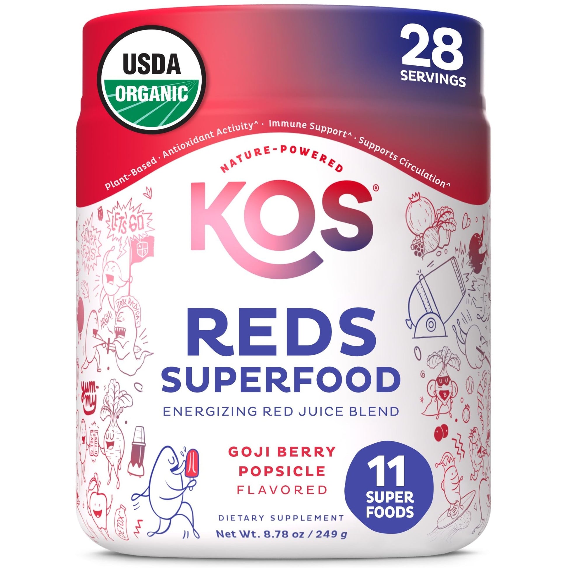 KOS Reds Superfood Powder for Antioxidants - USDA Certified Organic Beet Root, Goji Berries, Acai, Pomegranate, Coconut Water & Digestion Enzymes- Goji Berry Popsicle Flavor Juice Mix - 28 Servings - dailyvitalstore