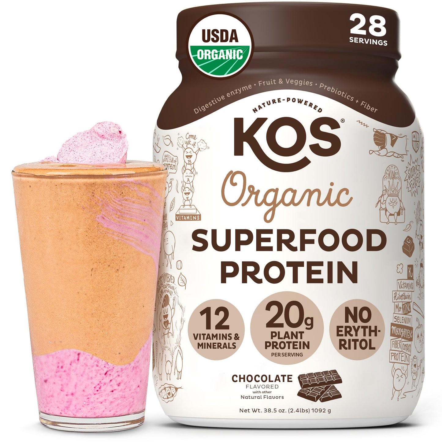 KOS Vegan Protein Powder Erythritol Free, Chocolate - Organic Pea Protein Blend, Plant Based Superfood Rich in Vitamins & Minerals - Keto, Dairy Free - Meal Replacement for Women & Men, 28 Servings - dailyvitalstore