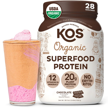 KOS Vegan Protein Powder Erythritol Free, Chocolate - Organic Pea Protein Blend, Plant Based Superfood Rich in Vitamins & Minerals - Keto, Dairy Free - Meal Replacement for Women & Men, 28 Servings - dailyvitalstore