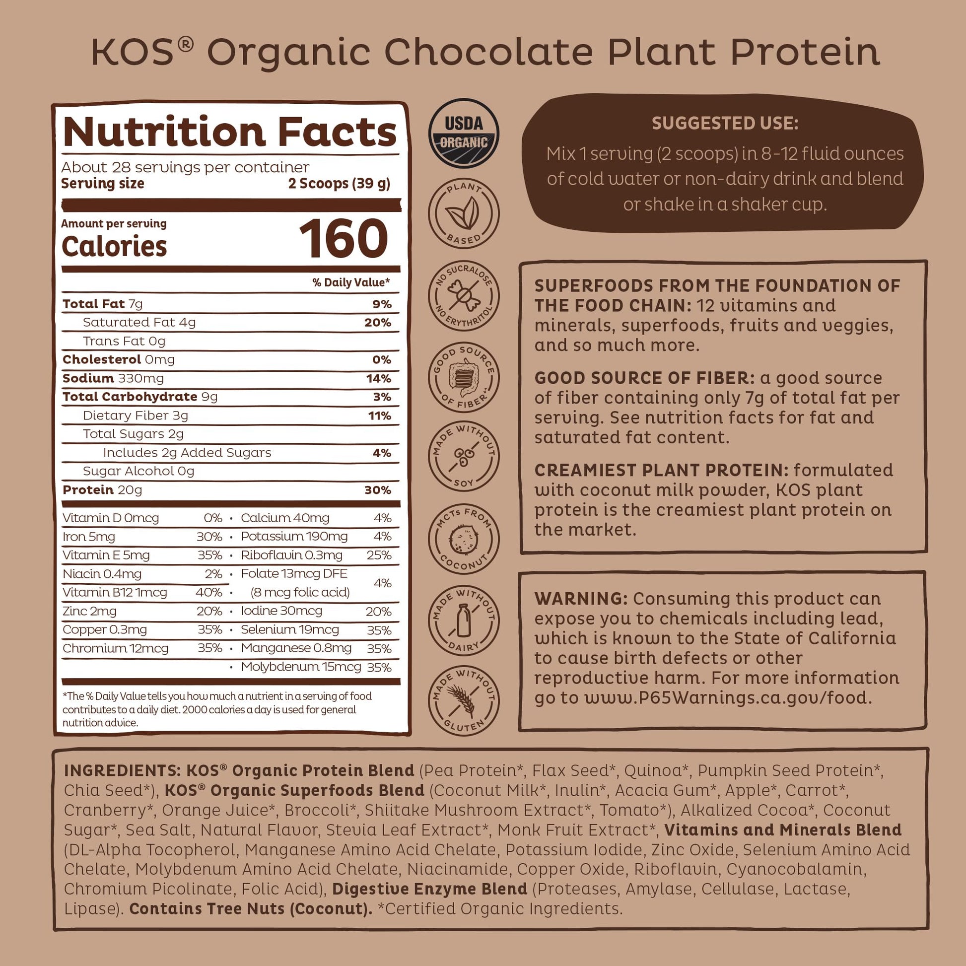 KOS Vegan Protein Powder Erythritol Free, Chocolate - Organic Pea Protein Blend, Plant Based Superfood Rich in Vitamins & Minerals - Keto, Dairy Free - Meal Replacement for Women & Men, 28 Servings - dailyvitalstore