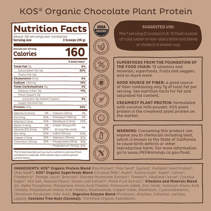 KOS Vegan Protein Powder Erythritol Free, Chocolate - Organic Pea Protein Blend, Plant Based Superfood Rich in Vitamins & Minerals - Keto, Dairy Free - Meal Replacement for Women & Men, 28 Servings - dailyvitalstore