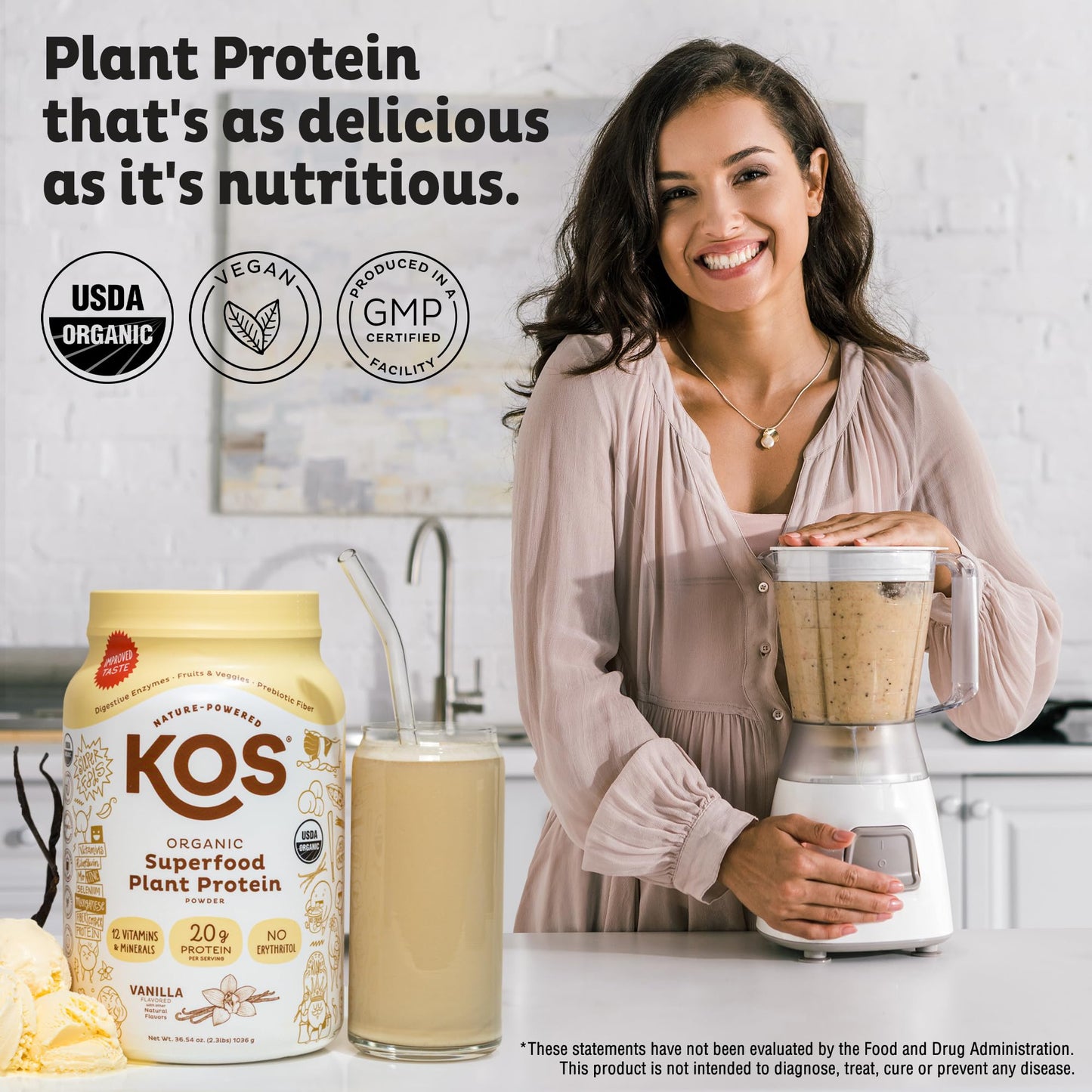 KOS Vegan Protein Powder Erythritol Free, Vanilla USDA Organic - Pea Protein Blend, Plant Based Superfood Rich in Vitamins & Minerals - Keto, Dairy Free - Meal Replacement for Women & Men, 28 Servings - dailyvitalstore
