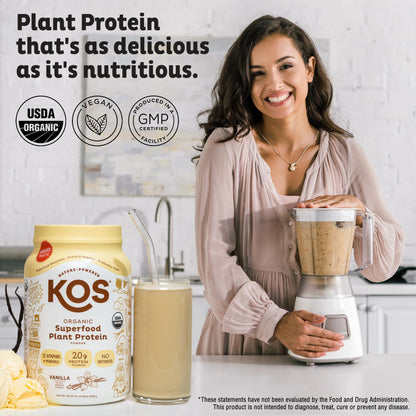 KOS Vegan Protein Powder Erythritol Free, Vanilla USDA Organic - Pea Protein Blend, Plant Based Superfood Rich in Vitamins & Minerals - Keto, Dairy Free - Meal Replacement for Women & Men, 28 Servings - dailyvitalstore