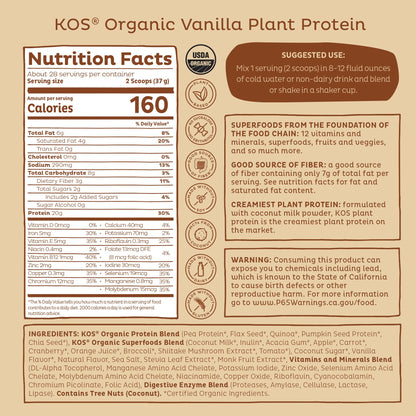 KOS Vegan Protein Powder Erythritol Free, Vanilla USDA Organic - Pea Protein Blend, Plant Based Superfood Rich in Vitamins & Minerals - Keto, Dairy Free - Meal Replacement for Women & Men, 28 Servings - dailyvitalstore