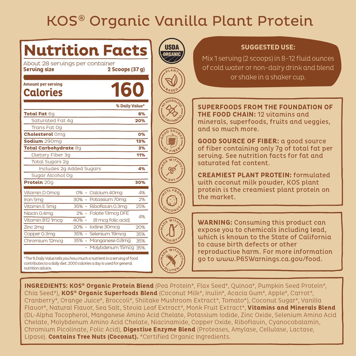 KOS Vegan Protein Powder Erythritol Free, Vanilla USDA Organic - Pea Protein Blend, Plant Based Superfood Rich in Vitamins & Minerals - Keto, Dairy Free - Meal Replacement for Women & Men, 28 Servings - dailyvitalstore