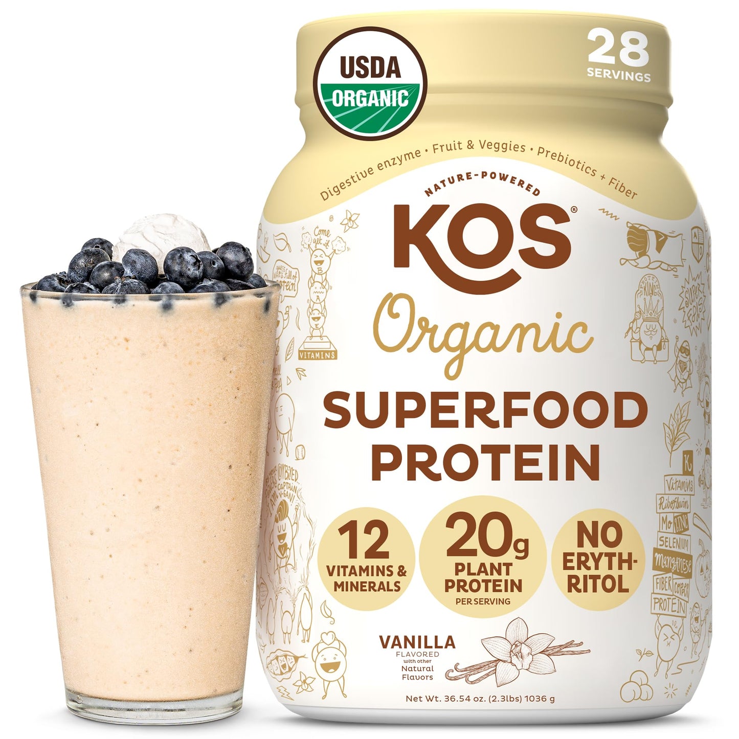 KOS Vegan Protein Powder Erythritol Free, Vanilla USDA Organic - Pea Protein Blend, Plant Based Superfood Rich in Vitamins & Minerals - Keto, Dairy Free - Meal Replacement for Women & Men, 28 Servings - dailyvitalstore