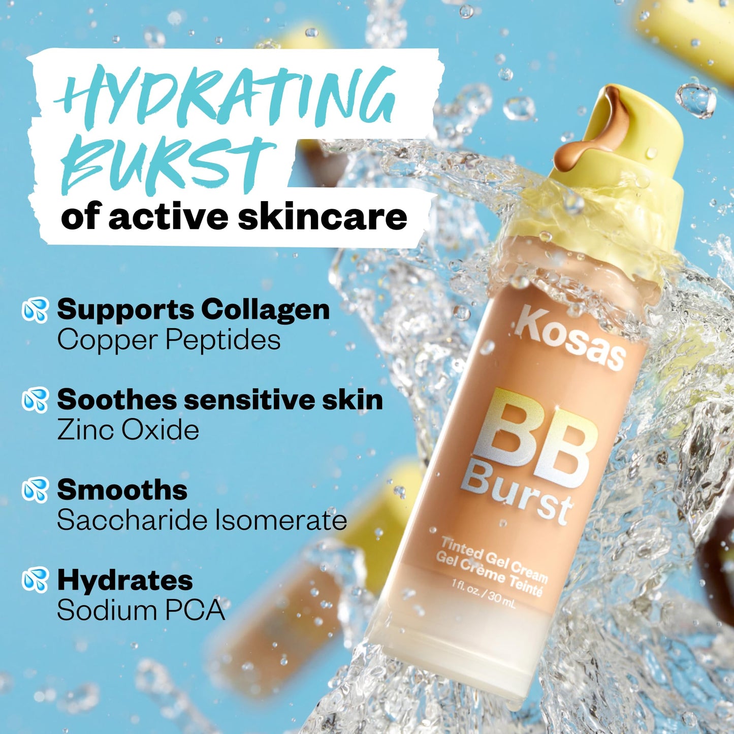 Kosas BB Burst Tinted Face Gel Cream - Supports Healthy Collagen, Smoothes Skin, Hydrates & Moisturizes - Lightweight Buildable Coverage - Light+ Cool 15, (1 Oz/30 ML) - dailyvitalstore