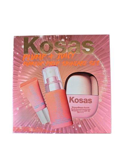 Kosas Plump + Juicy Makeup Prep Skincare Set – 3-Piece Mini Set with Collagen Spray-On Serum (1 oz), DreamBeam Sunlit SPF 40 PA++++ Sunscreen (0.5 oz), and Lip Booster (0.17 oz) - dailyvitalstore