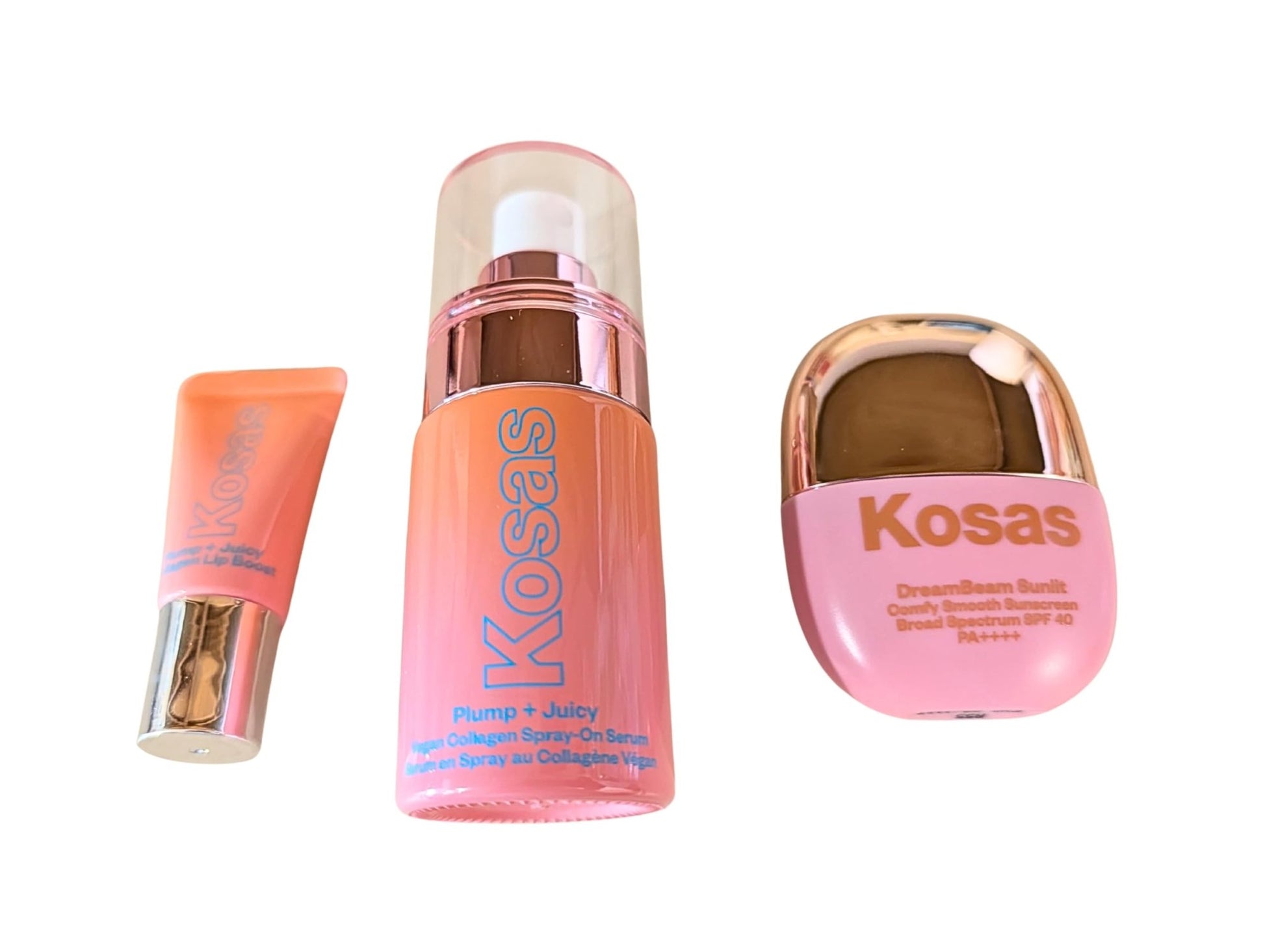 Kosas Plump + Juicy Makeup Prep Skincare Set – 3-Piece Mini Set with Collagen Spray-On Serum (1 oz), DreamBeam Sunlit SPF 40 PA++++ Sunscreen (0.5 oz), and Lip Booster (0.17 oz) - dailyvitalstore