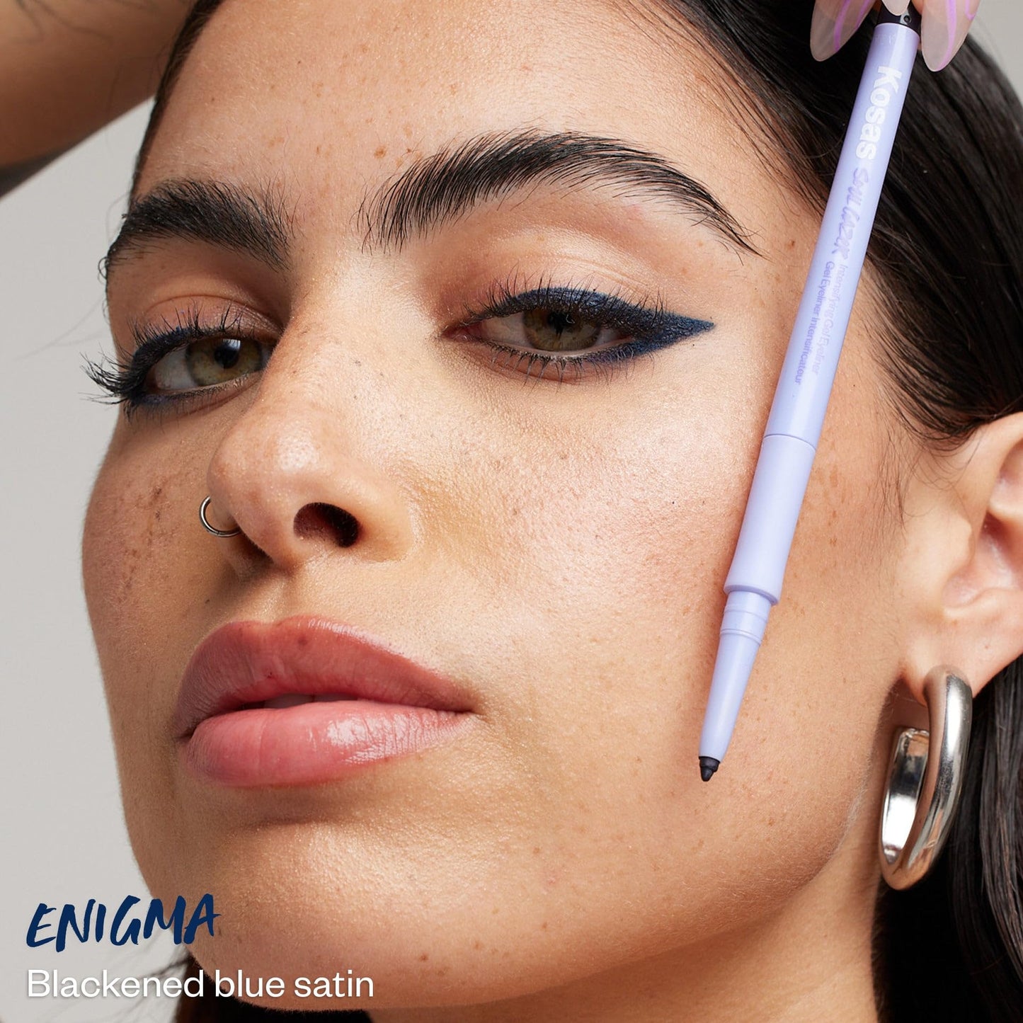 Kosas Soulgazer Gel Eyeliner (Enigma) - Waterproof, Smudge-Proof Pen with Hyaluronic Acid - Retractable Eyeliner Pencil with Sharpener & Smudger, Long-Lasting - Blackened Blue Satin - dailyvitalstore