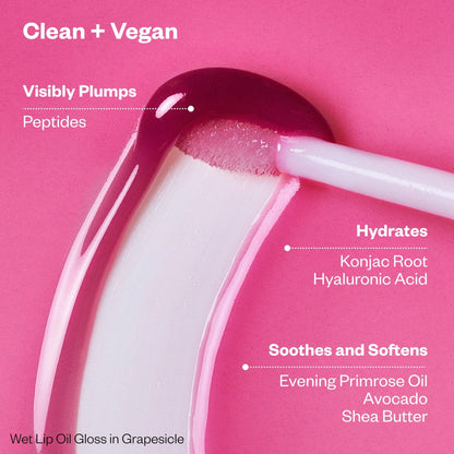 Kosas Wet Lip Oil Gloss – Plumping Peptide Lip Treatment Gloss in Sheer Pinkish Lavender, Hydrating with Hyaluronic Acid, Peptides & Plant Oils, Non-Sticky, Vegan, Clean Beauty (Grapesicle) 0.15 oz - dailyvitalstore