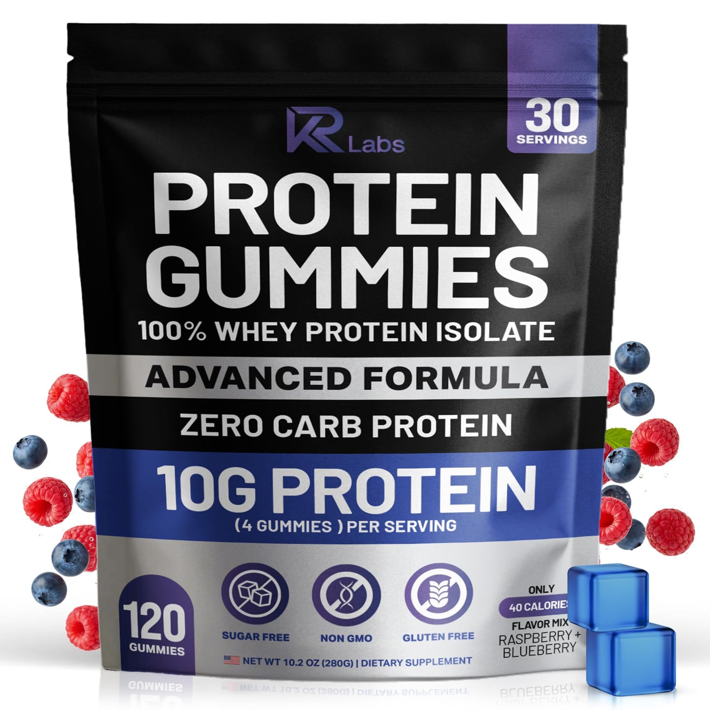 KR Labs Zero Carb 100% Pure Whey Isolate Protein Gummies | 300g Total Protein per Bag | 10g per Serving Plant Based with Vitamins for Men & Women - dailyvitalstore