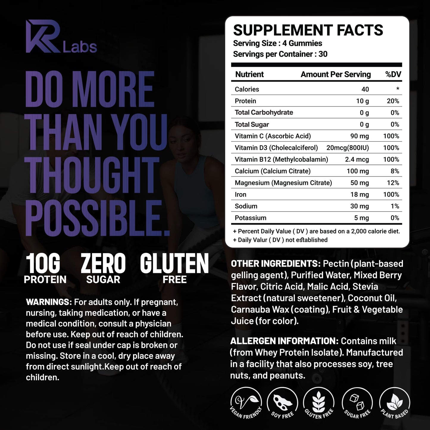 KR Labs Zero Carb 100% Pure Whey Isolate Protein Gummies | 300g Total Protein per Bag | 10g per Serving Plant Based with Vitamins for Men & Women - dailyvitalstore