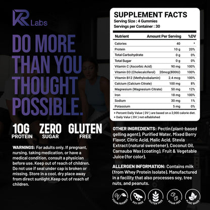 KR Labs Zero Carb 100% Pure Whey Isolate Protein Gummies | 300g Total Protein per Bag | 10g per Serving Plant Based with Vitamins for Men & Women - dailyvitalstore