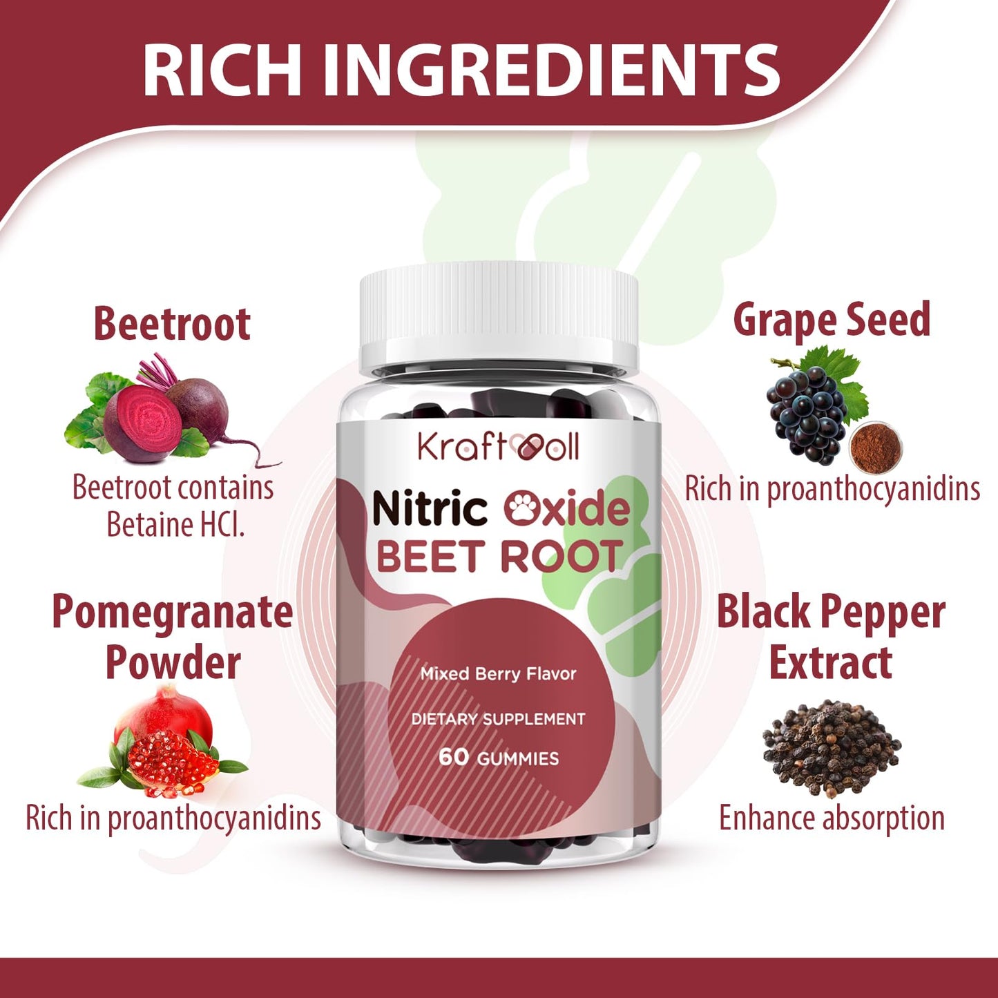 Kraftvoll Nitric Oxide Beet Root Gummies – Sugar-Free Beet Chewables, Mixed Berry Flavor with Grapeseed Powder, Pomegranate, Vitamin C & B12 – Nitric Oxide Supplements for Men – 60 Gummies (2 Bottles) - dailyvitalstore