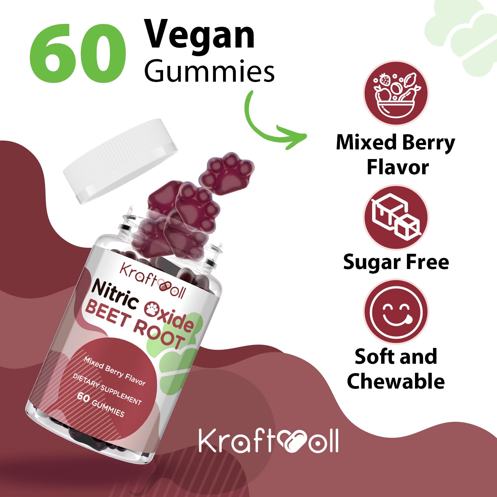 Kraftvoll Nitric Oxide Beet Root Gummies – Sugar-Free Beet Chewables, Mixed Berry Flavor with Grapeseed Powder, Pomegranate, Vitamin C & B12 – Nitric Oxide Supplements for Men – 60 Gummies (2 Bottles) - dailyvitalstore