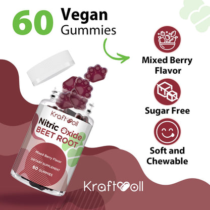 Kraftvoll Nitric Oxide Beet Root Gummies – Sugar-Free Beet Chewables, Mixed Berry Flavor with Grapeseed Powder, Pomegranate, Vitamin C & B12 – Nitric Oxide Supplements for Men – 60 Gummies (2 Bottles) - dailyvitalstore