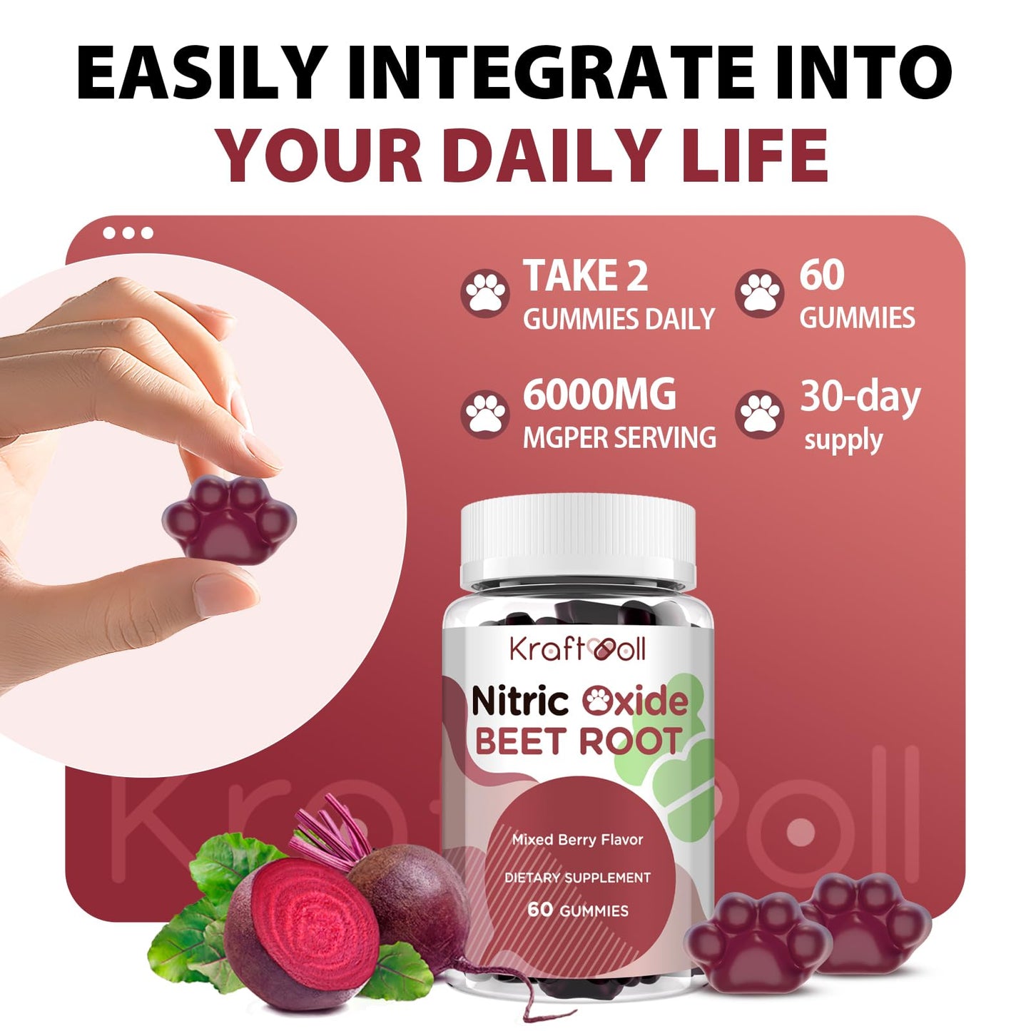 Kraftvoll Nitric Oxide Beet Root Gummies – Sugar-Free Beet Chewables, Mixed Berry Flavor with Grapeseed Powder, Pomegranate, Vitamin C & B12 – Nitric Oxide Supplements for Men – 60 Gummies (2 Bottles) - dailyvitalstore