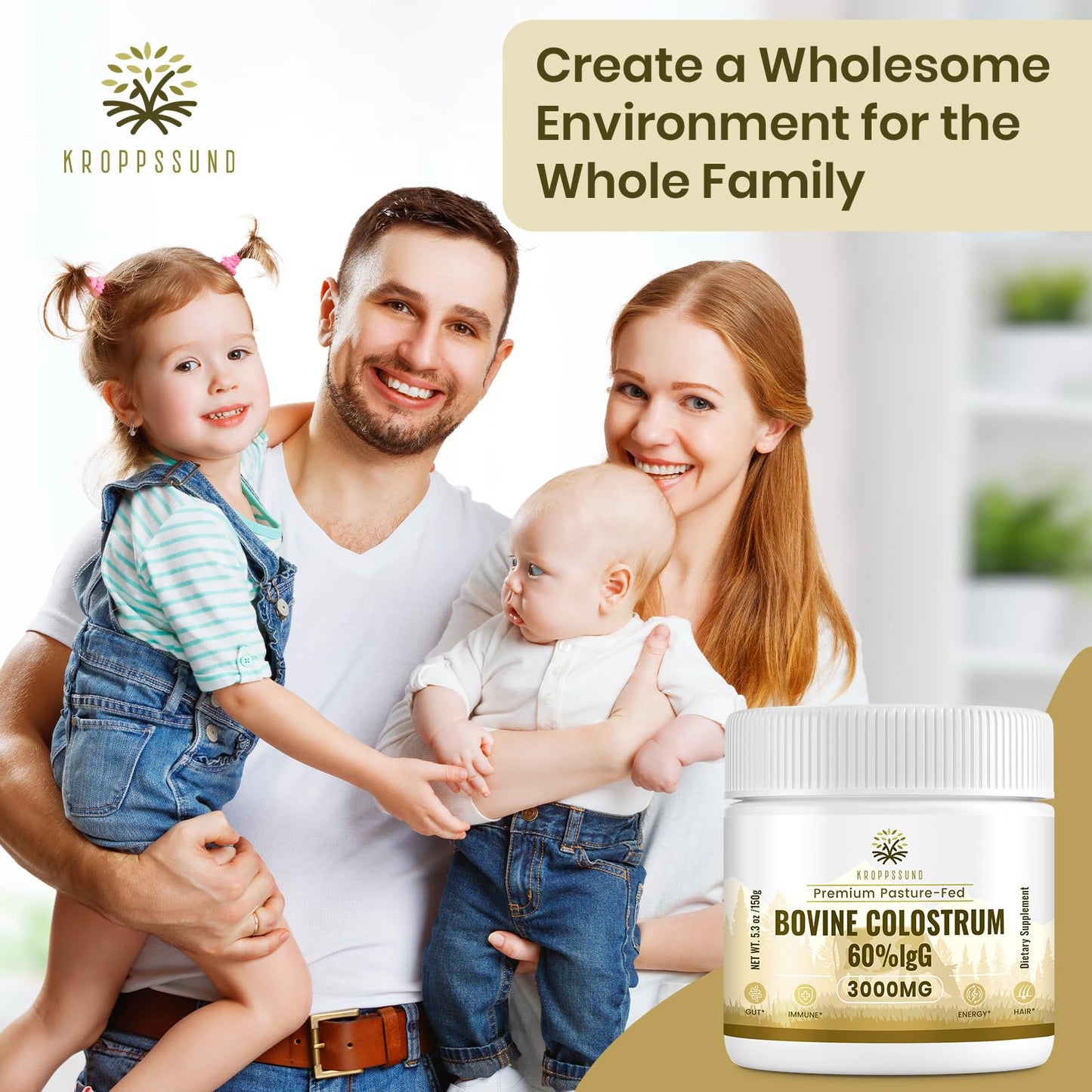 Kroppssund Bovine Colostrum Powder Supplement 3000 mg - Extra High 60% IgG Bovine Colostrum - Gut, Bone, Exercise, Immune - 50 Servings (1 Bottle) - dailyvitalstore