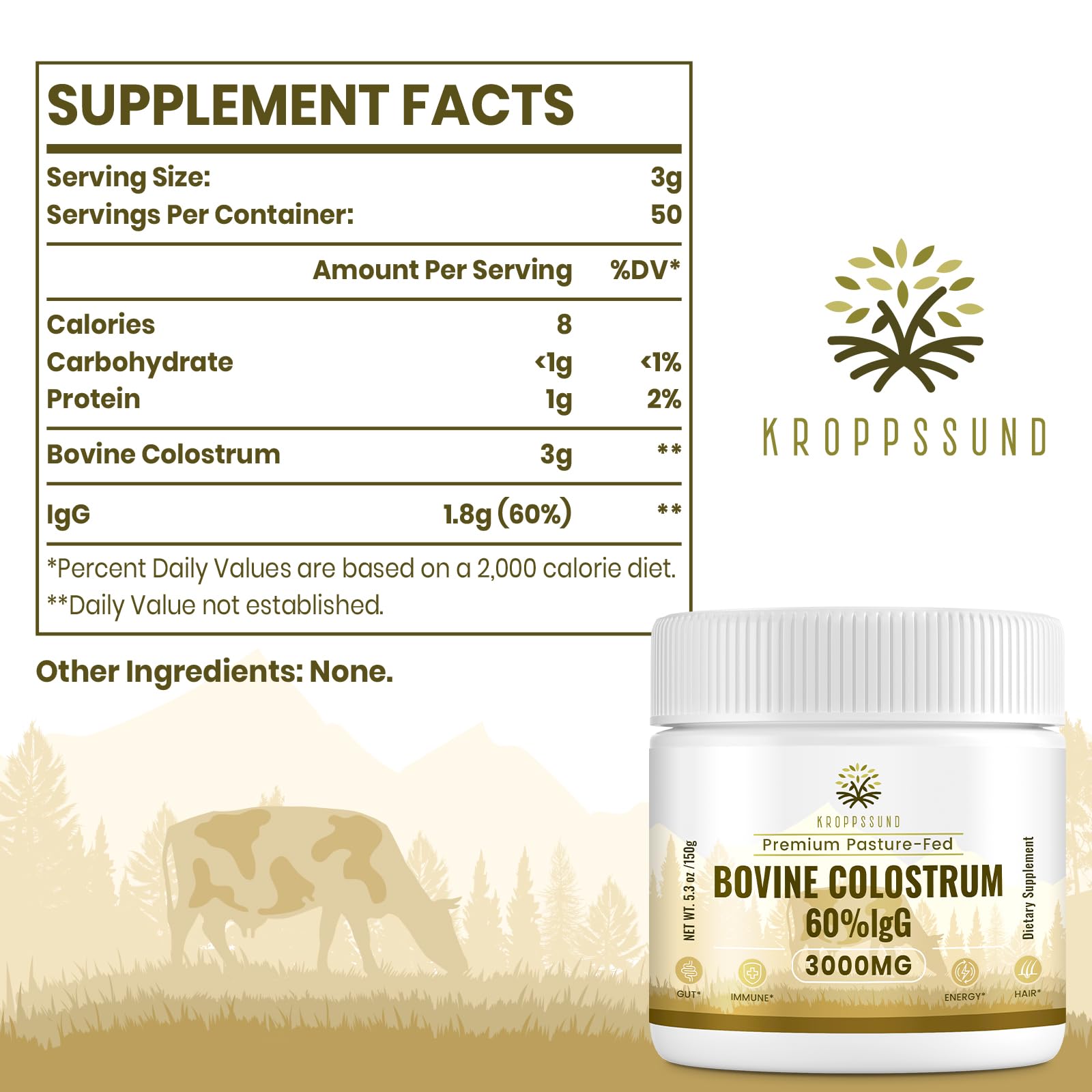 Kroppssund Bovine Colostrum Powder Supplement 3000 mg - Extra High 60% IgG Bovine Colostrum - Gut, Bone, Exercise, Immune - 50 Servings (1 Bottle) - dailyvitalstore