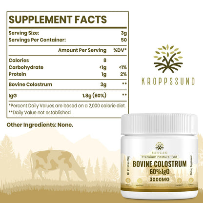 Kroppssund Bovine Colostrum Powder Supplement 3000 mg - Extra High 60% IgG Bovine Colostrum - Gut, Bone, Exercise, Immune - 50 Servings (1 Bottle) - dailyvitalstore