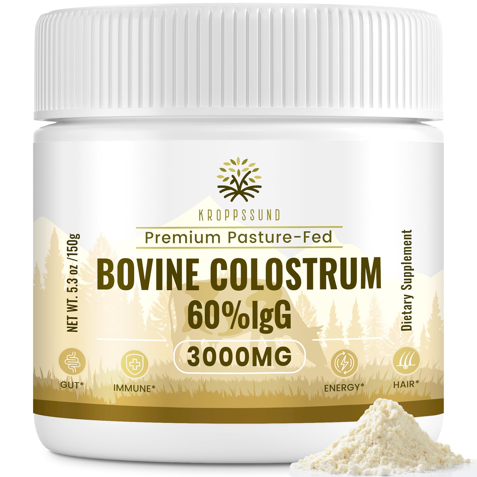 Kroppssund Bovine Colostrum Powder Supplement 3000 mg - Extra High 60% IgG Bovine Colostrum - Gut, Bone, Exercise, Immune - 50 Servings (1 Bottle) - dailyvitalstore