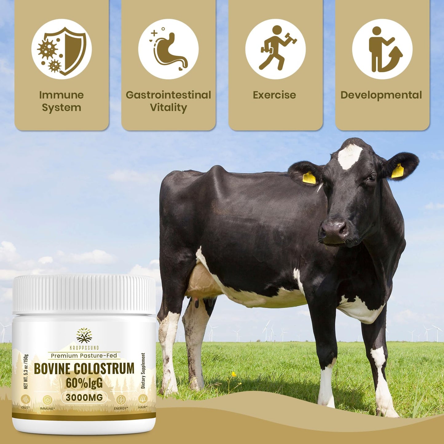 Kroppssund Bovine Colostrum Powder Supplement 3000 mg - Extra High 60% IgG Bovine Colostrum - Gut, Bone, Exercise, Immune - 50 Servings (1 Bottle) - dailyvitalstore