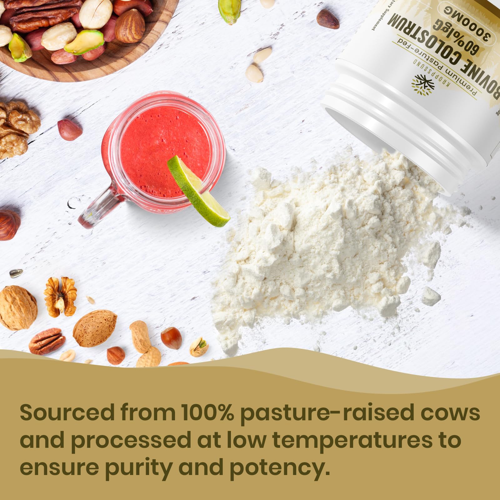 Kroppssund Bovine Colostrum Powder Supplement 3000 mg - Extra High 60% IgG Bovine Colostrum - Gut, Bone, Exercise, Immune - 50 Servings (1 Bottle) - dailyvitalstore