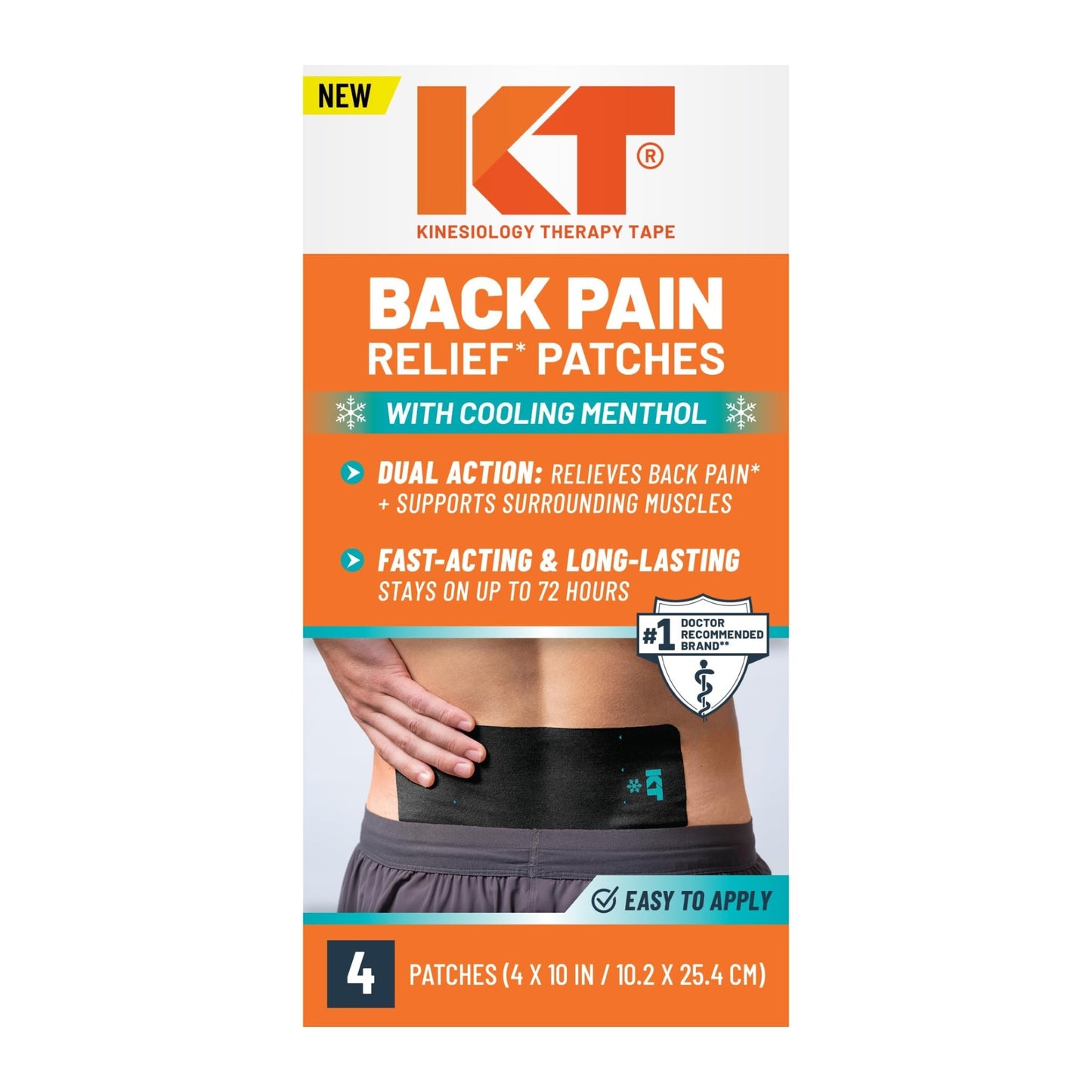 KT Tape, Back Pain Relief Patches, Extra Large 4"x10", Menthol Infused Kinesiology Tape, Cooling Pain Therapy, Everyday Long-Lasting Relief, 4 Count - dailyvitalstore
