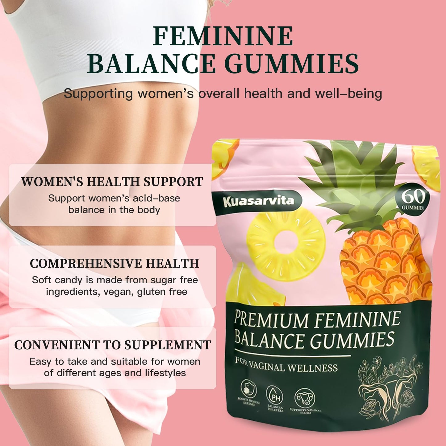 Kuasarvita Peeshlita Women’s Vaginal Probiotics Gummies – pH Balance Support + Feminine Wellness & Comfort, Pineapple Flavor, Natural Probiotic Blend – 60 Gummies - dailyvitalstore