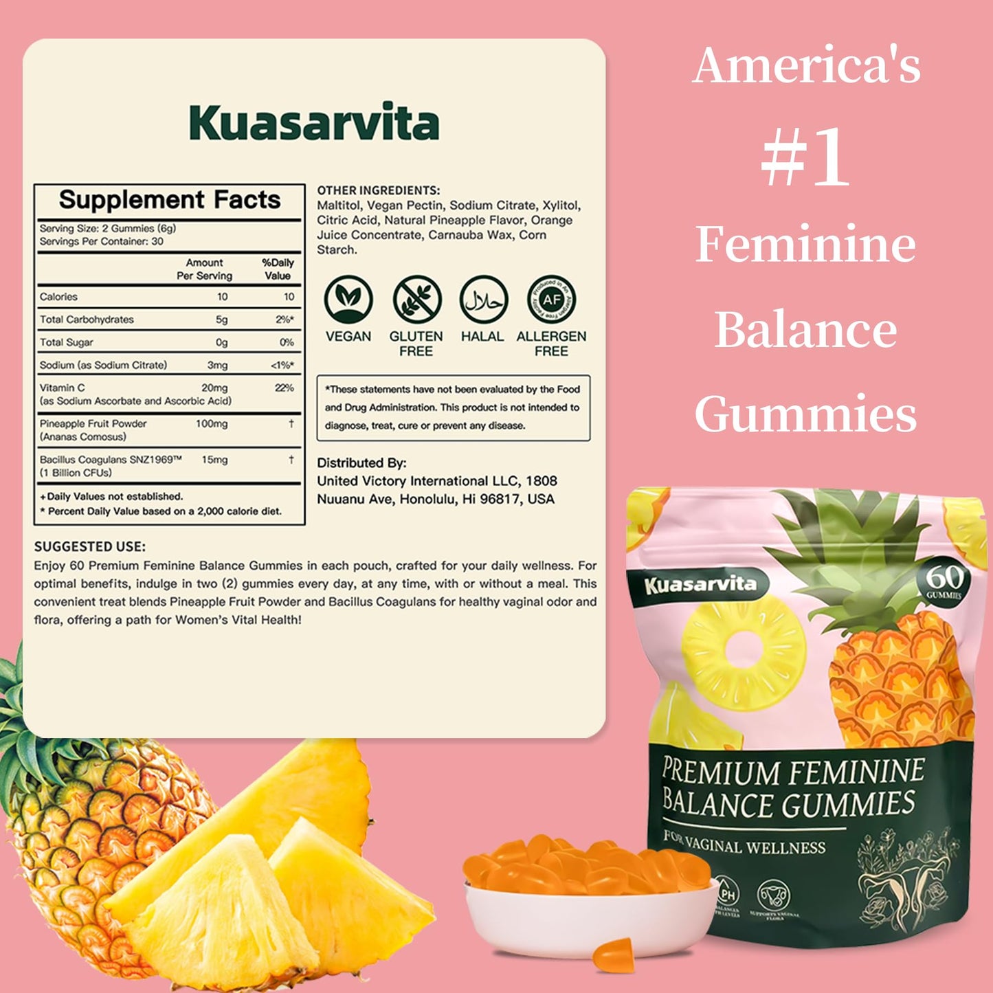 Kuasarvita Peeshlita Women’s Vaginal Probiotics Gummies – pH Balance Support + Feminine Wellness & Comfort, Pineapple Flavor, Natural Probiotic Blend – 60 Gummies - dailyvitalstore
