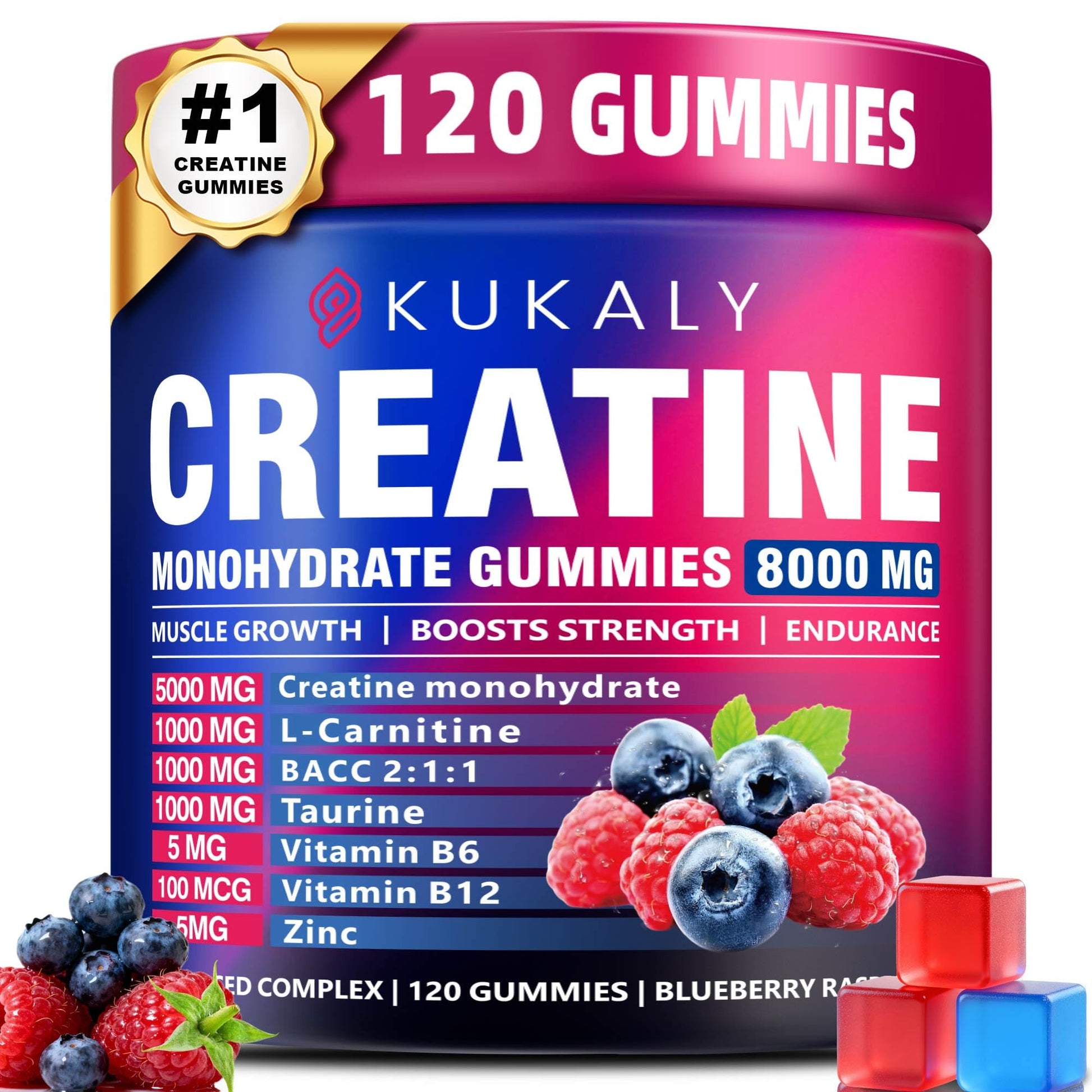 KUKALY Creatine Monohydrate Gummies for Men & Women, 8500MG Creatine Gummies Sugar Free Mixed Flavored with L-Taurine, BCAA 2:1, B12 B6 for Boost Strength - dailyvitalstore
