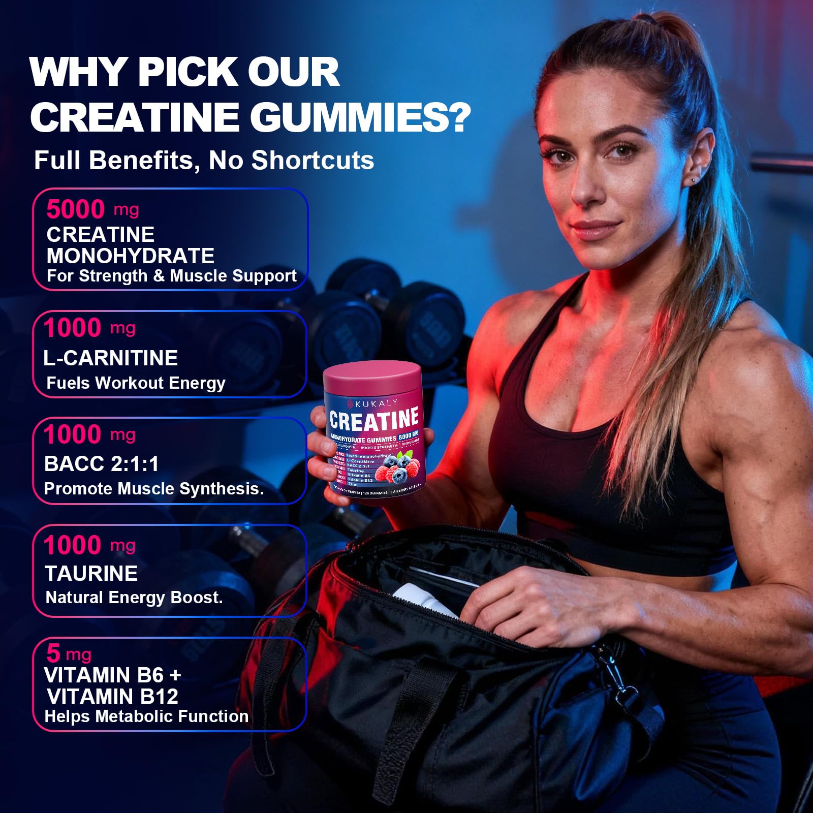 KUKALY Creatine Monohydrate Gummies for Men & Women, 8500MG Creatine Gummies Sugar Free Mixed Flavored with L-Taurine, BCAA 2:1, B12 B6 for Boost Strength - dailyvitalstore