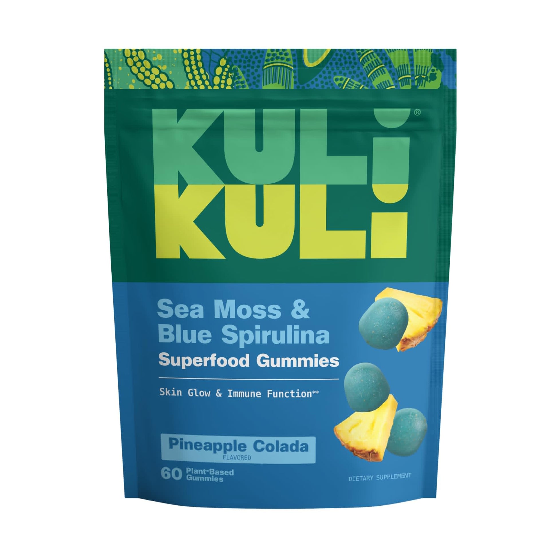 Kuli Kuli Sea Moss & Blue Spirulina Superfood Gummies - Pineapple Colada Flavor, 60 Count - Plant-Based Irish Sea Moss with Baobab & Vitamin C for Skin Glow, Immune Support & Collagen (1 Month Supply) - dailyvitalstore