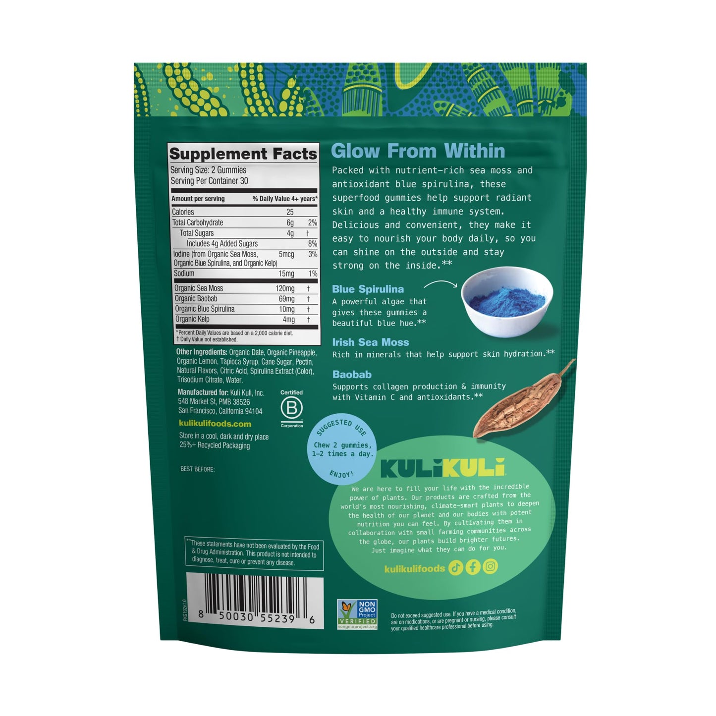 Kuli Kuli Sea Moss & Blue Spirulina Superfood Gummies - Pineapple Colada Flavor, 60 Count - Plant-Based Irish Sea Moss with Baobab & Vitamin C for Skin Glow, Immune Support & Collagen (1 Month Supply) - dailyvitalstore
