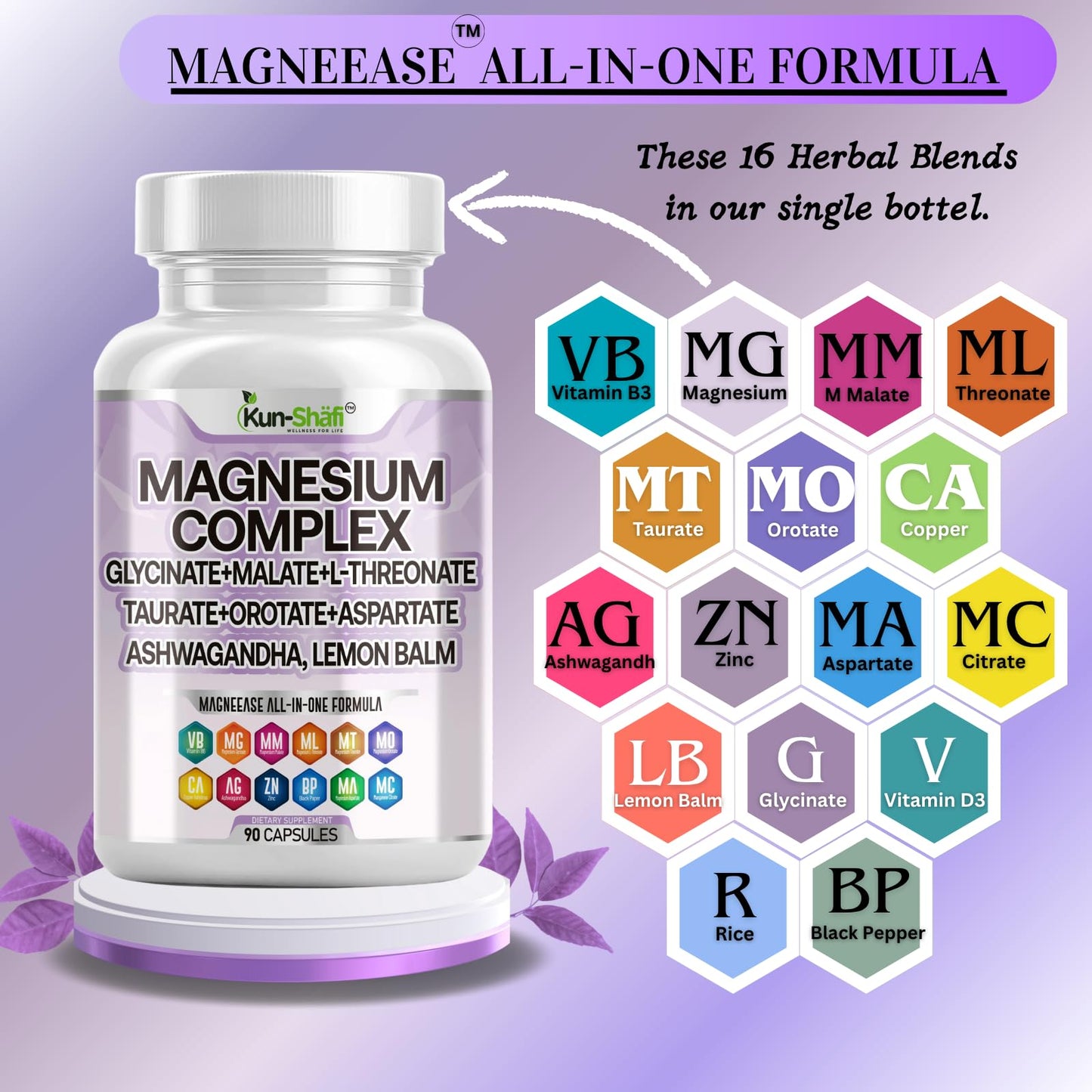 Kun Shafi Magnesium Complex with Magnesium Glycinate Malate, L-Threonate, Taurate, Orotate, Zinc,Aspartate, Copper Manganese & Vitamin D3 B6 Complex - 1Pack - dailyvitalstore