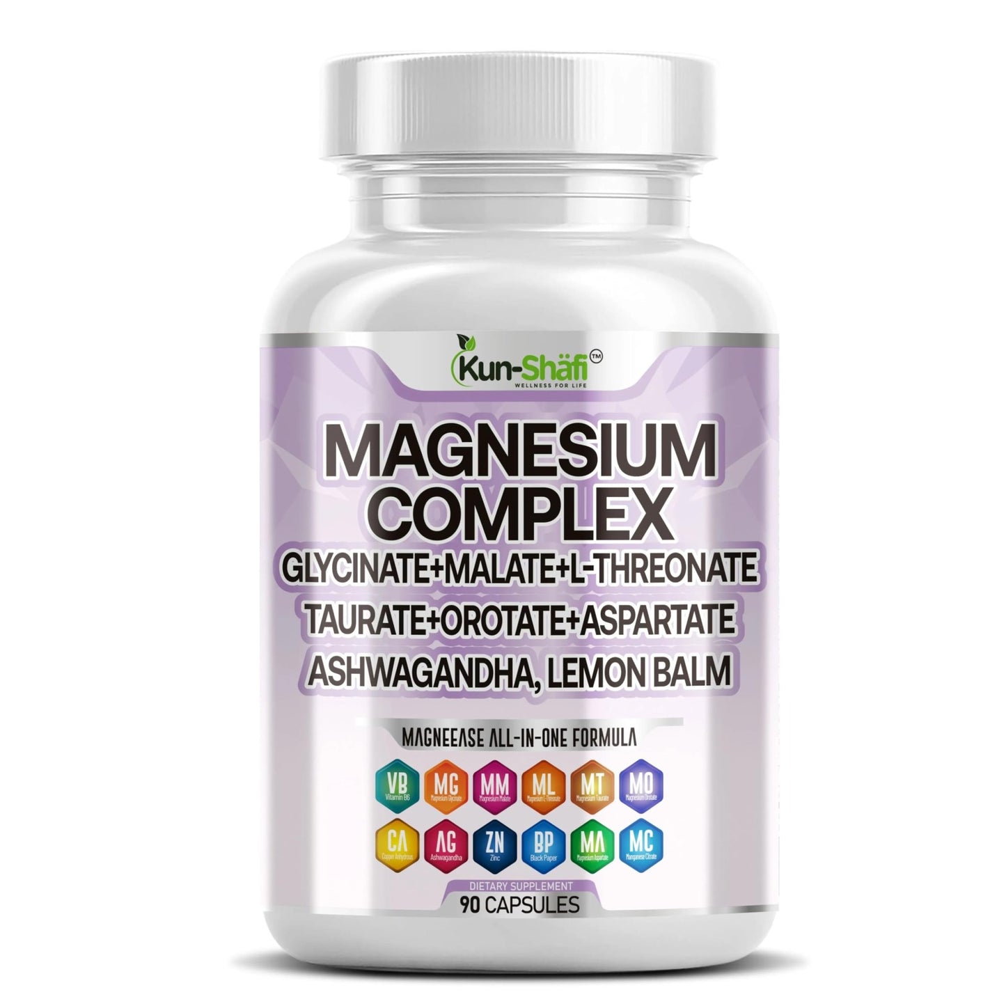 Kun Shafi Magnesium Complex with Magnesium Glycinate Malate, L-Threonate, Taurate, Orotate, Zinc,Aspartate, Copper Manganese & Vitamin D3 B6 Complex - 1Pack - dailyvitalstore