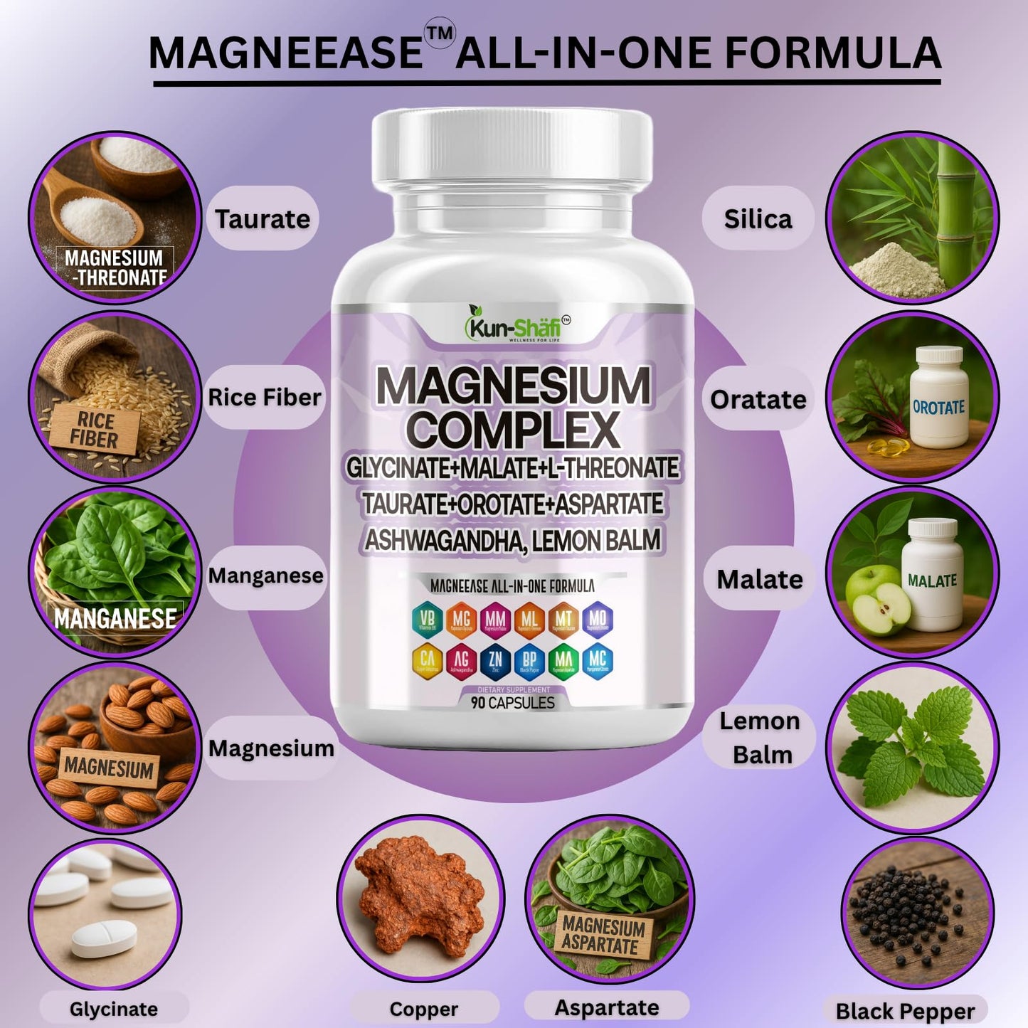 Kun Shafi Magnesium Complex with Magnesium Glycinate Malate, L-Threonate, Taurate, Orotate, Zinc,Aspartate, Copper Manganese & Vitamin D3 B6 Complex - 1Pack - dailyvitalstore