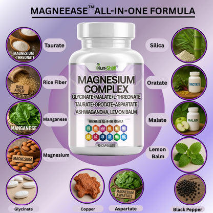 Kun Shafi Magnesium Complex with Magnesium Glycinate Malate, L-Threonate, Taurate, Orotate, Zinc,Aspartate, Copper Manganese & Vitamin D3 B6 Complex - 1Pack - dailyvitalstore