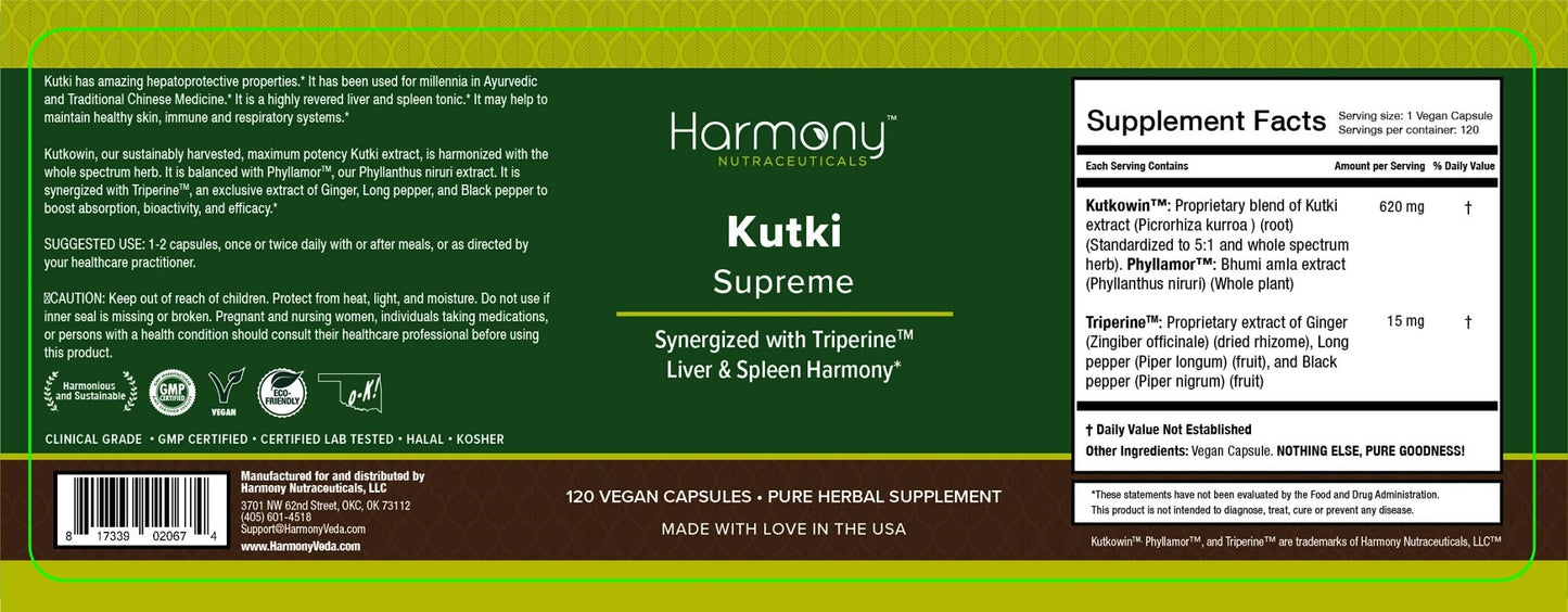 Kutki Supreme - Harmony Nutraceuticals Ayurvedic Medicine for Healthy Skin, Immune and Respiratory Systems - 120 Vegan Organic Capsules - dailyvitalstore