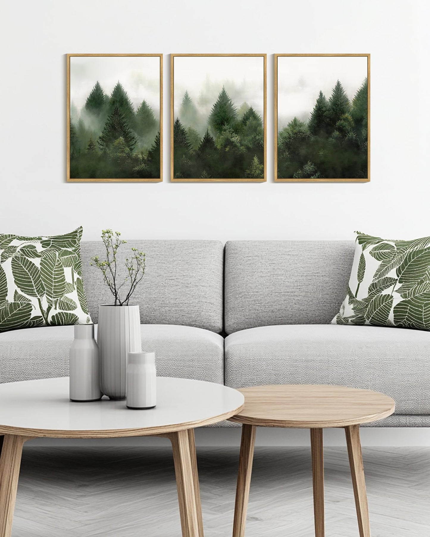 KUVIOKE Morden Green Fog Pine Tree Framed Canvas Wall Art Nature Nordic Forests Artwork Painting Bedroom Decor 12x16in (Natural Framed) - dailyvitalstore