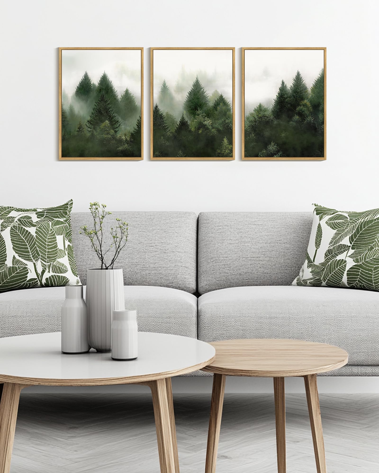KUVIOKE Morden Green Fog Pine Tree Framed Canvas Wall Art Nature Nordic Forests Artwork Painting Bedroom Decor 12x16in (Natural Framed) - dailyvitalstore