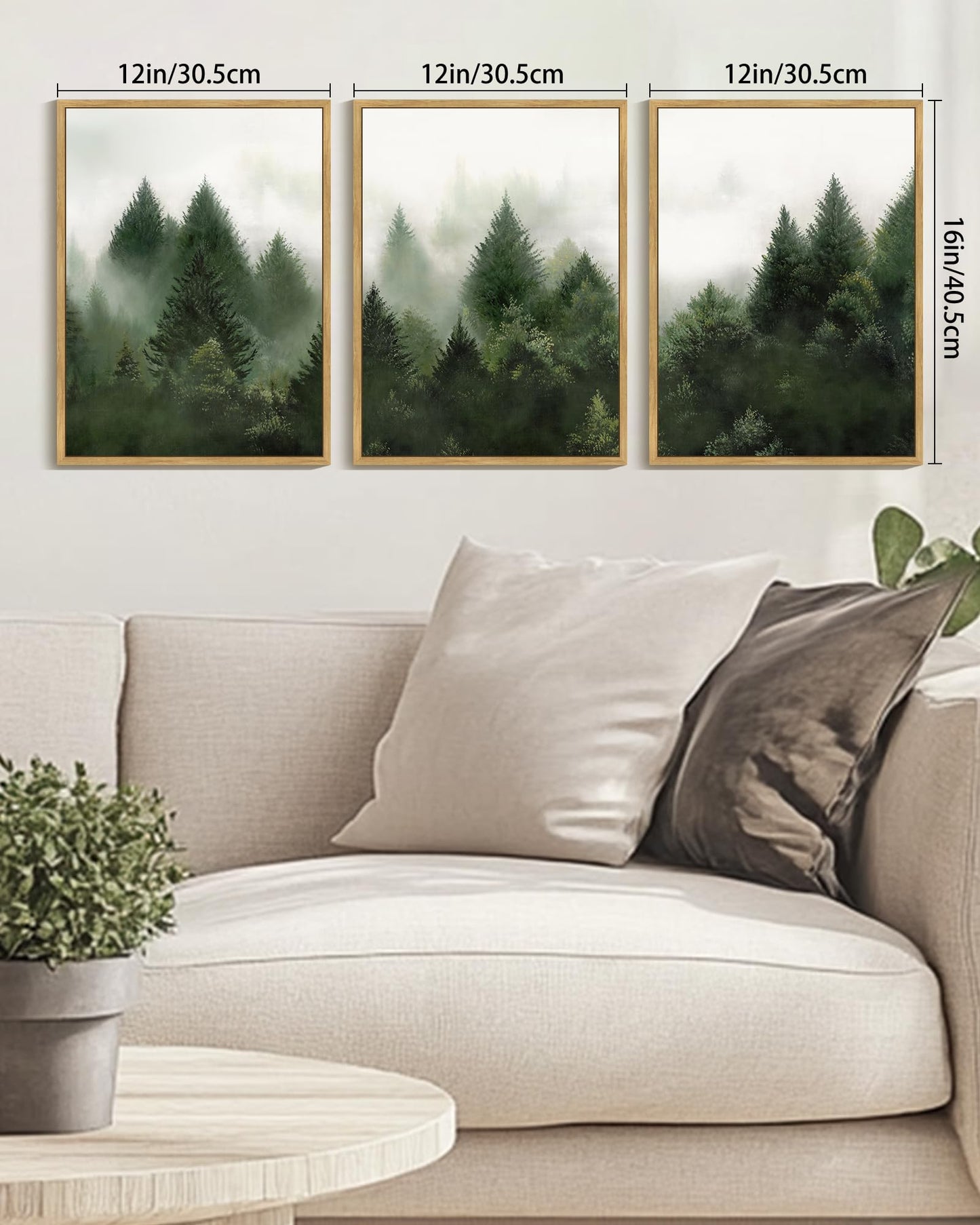 KUVIOKE Morden Green Fog Pine Tree Framed Canvas Wall Art Nature Nordic Forests Artwork Painting Bedroom Decor 12x16in (Natural Framed) - dailyvitalstore