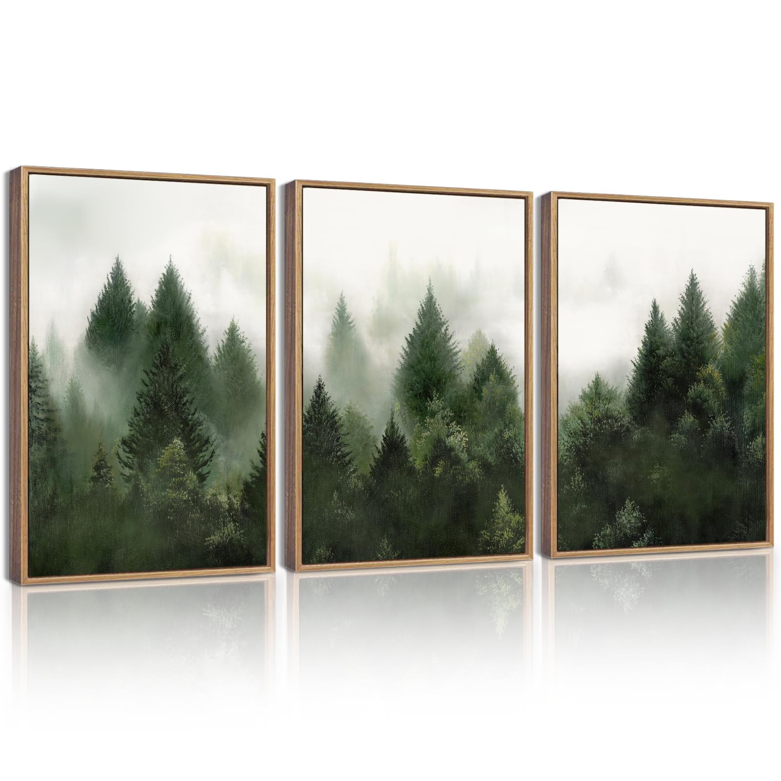 KUVIOKE Morden Green Fog Pine Tree Framed Canvas Wall Art Nature Nordic Forests Artwork Painting Bedroom Decor 12x16in (Natural Framed) - dailyvitalstore