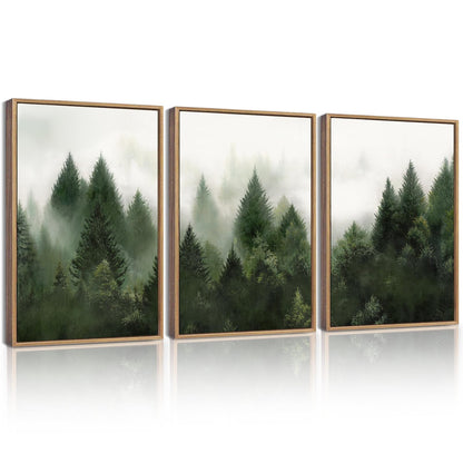 KUVIOKE Morden Green Fog Pine Tree Framed Canvas Wall Art Nature Nordic Forests Artwork Painting Bedroom Decor 12x16in (Natural Framed) - dailyvitalstore