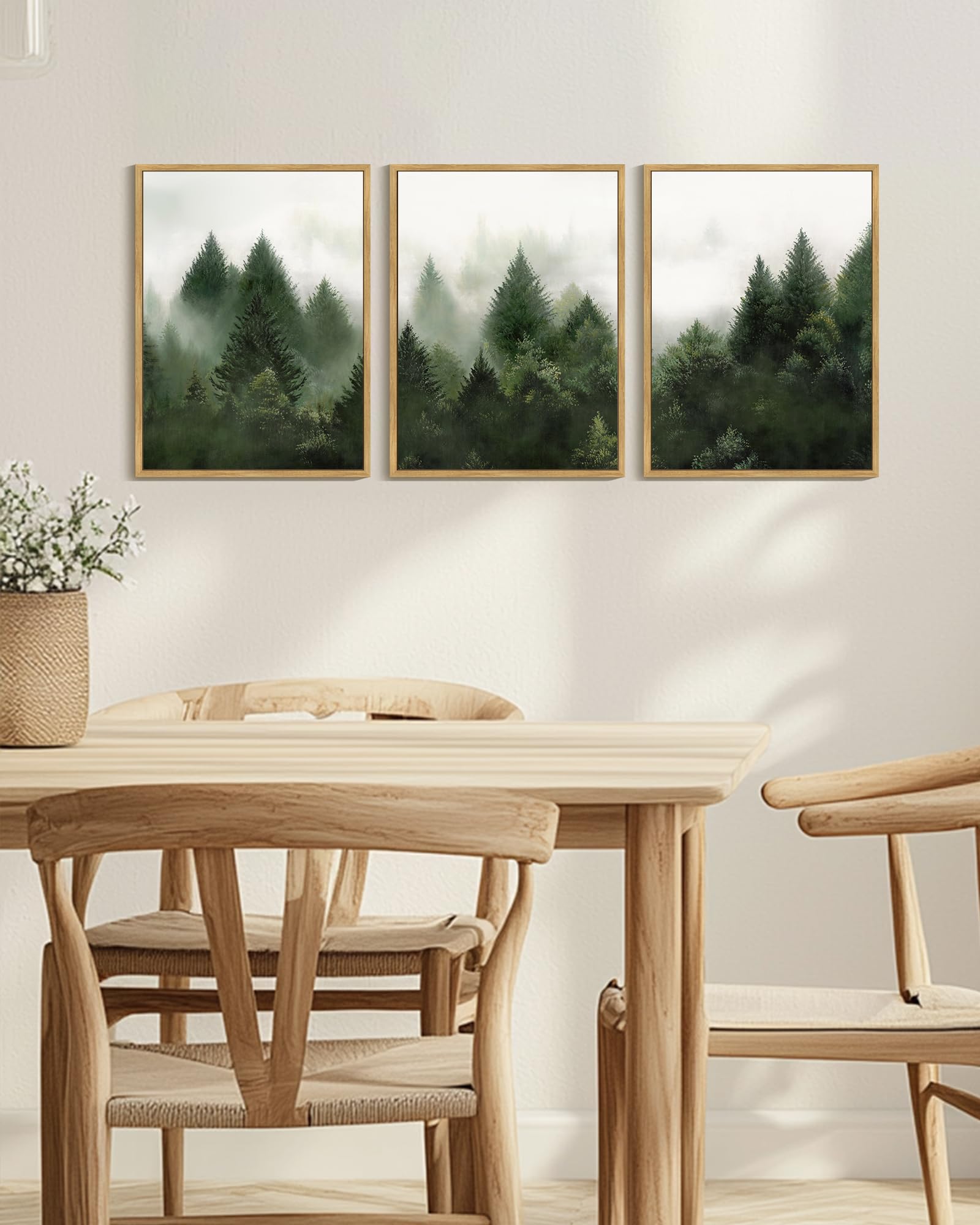 KUVIOKE Morden Green Fog Pine Tree Framed Canvas Wall Art Nature Nordic Forests Artwork Painting Bedroom Decor 12x16in (Natural Framed) - dailyvitalstore