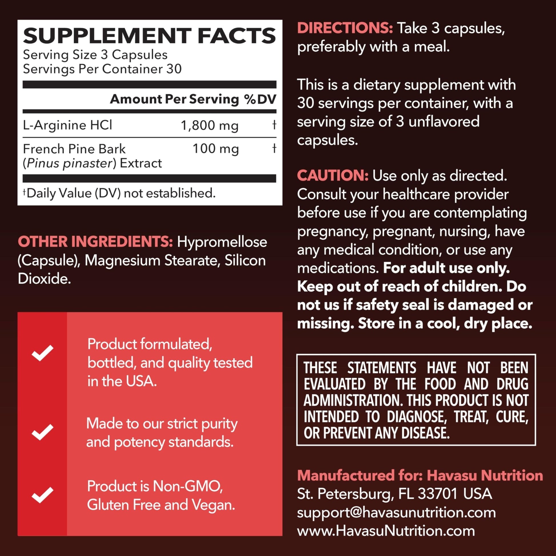 L-Arginine 1800mg and Pine Bark Extract 100mg - Nitric Oxide Supplement for Men - Performance Supplement for Men's Health - 90 Count - Endurance, Recovery Support - dailyvitalstore
