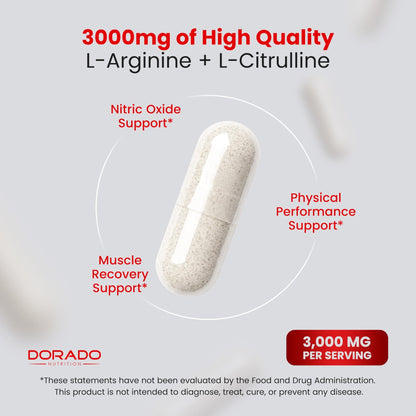 L Arginine L Citrulline Supplement 3000mg (240 Capsules) Nitric Oxide Pills for Men - Stamina, Endurance, Performance for Workouts - NO Supplements for Men - dailyvitalstore