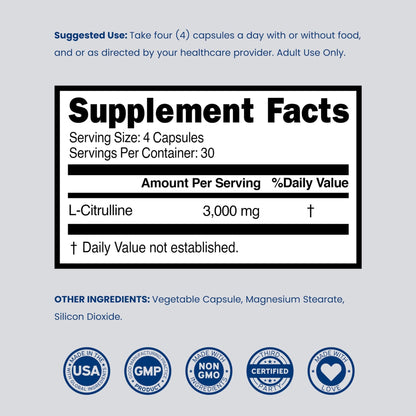 L Citrulline 3000mg Supplement (120 Capsules) Support L Arginine & Nitric Oxide Pills - L-Citrulline For Men & Women - Muscle Recovery & Pump Supplement - 3rd Party Tested - dailyvitalstore